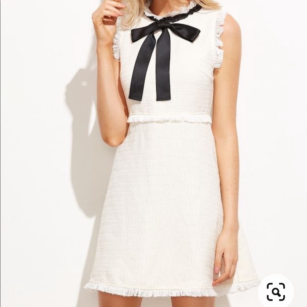 White tweed frayed trim dress with bow detail